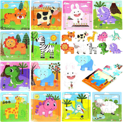 12 Pack Mini Wooden Animal Jigsaw Puzzles for Kids Ages 2-3, 9 Pieces Educational Travel Toys Gift