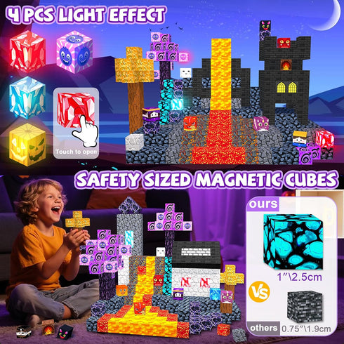 170PCS Blocks,1" 3D Set,SETM 3+ Magnetic Light Up Magnetic Building Blocks, Magnets Cubes for Kids to Build Dark Cave