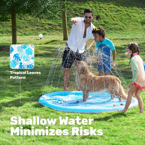 6ft Summer SLOOSH Splash Pad Sprinkler Mat - Tropical Leaves Outdoor Water Play Toys for Kids Dogs, Backyard Party