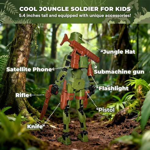 T13 (Dummy 13 13), 3D Action Figure / Titan Jungle Soldier - Printed Poseable Robot with Accessories for Stop Motion