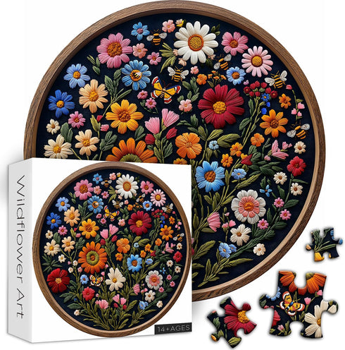 PICKFORU 1000 Vintage Wildflower Puzzles for Adults Pieces, Round Butterfly Bee Plant Puzzle Nature Art, Circle Pretty