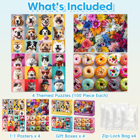 Jeacirio 100 4-8 4-6 6-8 8-10 4-Pack 15"x11" Piece Puzzles for Kids Ages - Dogs Flowers Donuts Cats Puzzles - Large