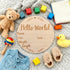 Mindow 5.9 Inch Baby Announcement Sign, Round Wooden Hello World Newborn Sign Keepsake with Ink Pad for Hand