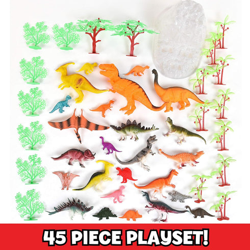 Prehistoric Dinosaur Playset – 45 Assorted Plastic Animal Figures with Storage Container for Kids