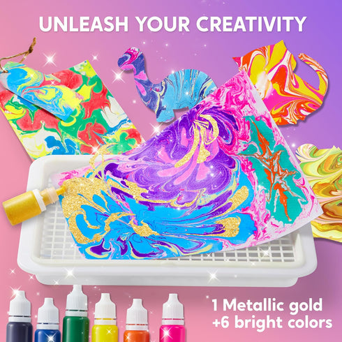 Klever Kits Marbling Paint for Kids, Metallic Gold Water Marble Art for Girls & Boys 6-12 Years Old Craft Kits