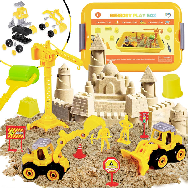 Construction Sensory Bin - Tractor Sand Playset with Toy Truck, Play Sand and Signs, Sand Art Kit for Kids Ages 3 and Up