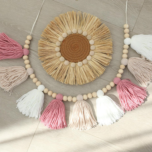 Charming Pink Bohemian Yarn Tassel Garland with Wooden Beads for Nursery and Baby Shower Decor