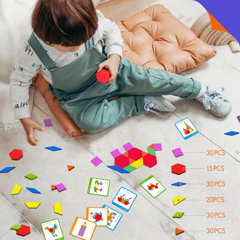 155 PCS Wooden Pattern Blocks Set, 24 Double-Sided Design Cards for Montessori Learning Toys