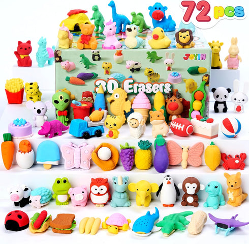 JOYIN 72 Pcs Animal Erasers for Kids, 3D Cute Mini Pencils, Bulk Desk Pets for Classroom Rewards and Party Favors.