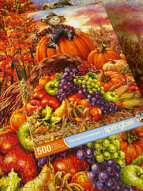 Springbok Harvest Cornucopia 500 Piece Jigsaw Puzzle with Colorful Thanksgiving Illustration