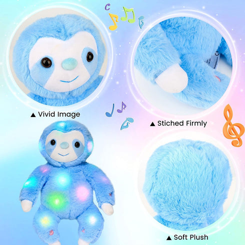 12.5'' Hopearl LED Musical Plush Sloth Light up Stuffed Animal Three Toed Sloth Floppy Night Lights Glow in The Dark