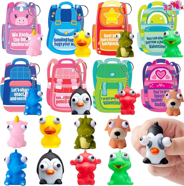 JOYIN 32 Pcs Valentines Day Pop-Eye Cute Keychains with Cards, Fidget Toys