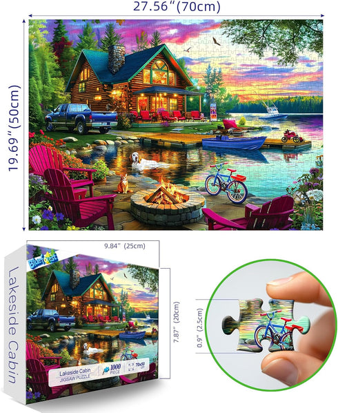 1000 Sunset Piece Puzzle for Adults Lakeside Log Cabin Jigsaw Adult Puzzles with Fire Pit & Dock Lake Landscape Puzzle