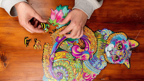 Wooden Jigsaw Puzzle - Cat Animal-Shaped Fantasy Puzzle, 208 Unique Pieces, Size King (17.7" x 16.9")