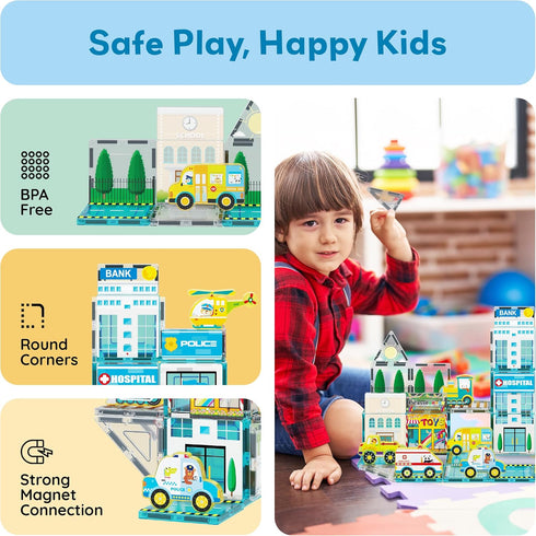 Set 8 3 PTQ14 PicassoTiles Metro City Hospital Magnetic Tile Building with Vehicles and Figures Educational Magnet
