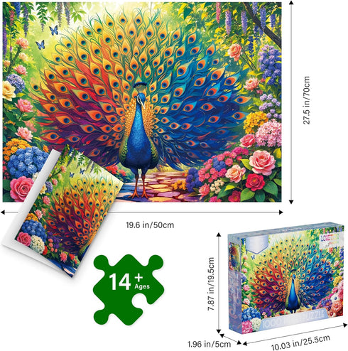 1000 Colorful Peacock Artwork Puzzles for Adults Pieces, Perfectly Letter on Back No Dust, Rainbow Peacock Artwork