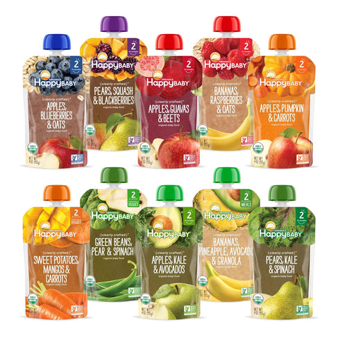 Happy Baby Organics Stage 2 Baby Food Pouches, Gluten Free, Vegan, Clearly Crafted Fruit & Veggie Puree, 4 Ounces, Pack