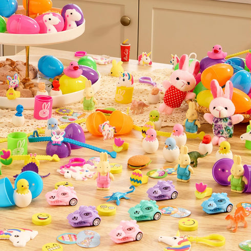 100 JOYIN Pcs Prefilled Easter Eggs with Toys Plus Stickers, Filled with Toys Party Favors for Kids Boys Girls Easter