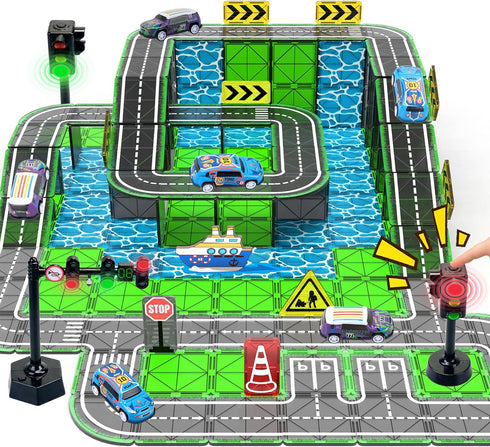 Magnetic Tiles Road Set with Pullback Car & Magnet Ship,Traffic Themed Magnetic