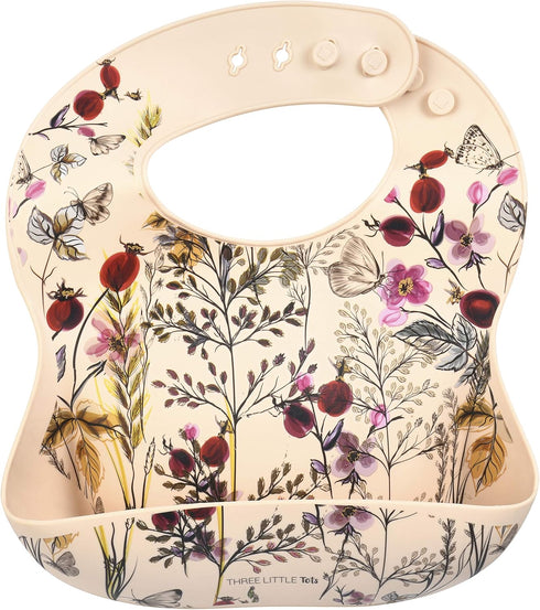 Three Little Tots Modern Silicone Baby Bib - Adjustable Fit Waterproof Catch Bibs for Mealtime