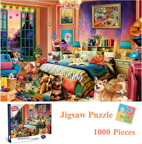 HUADADA Jigsaw Puzzles for Adults 1000 Pieces, Pets Room Interlock Perfectly Letter on Back No Dust, Home Decor Birthday Party Gift Toy for Men Women Elders Seniors (27.5"x19.6"), 1:1 Poster