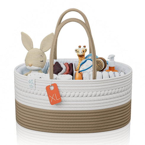 KiddyCare Woven Diaper Caddy Organizer, Large Gray Multi Functional Portable Baby Basket
