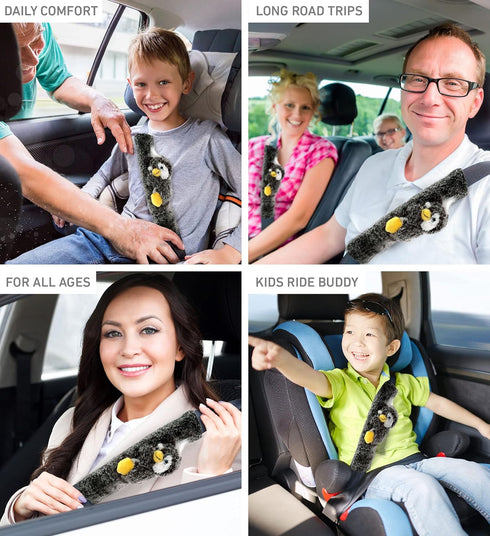 DolliBu Black Penguin Plush Car Seatbelt Cover, Soft Fluffy Cushion Support for Safety Seat Belt Strap