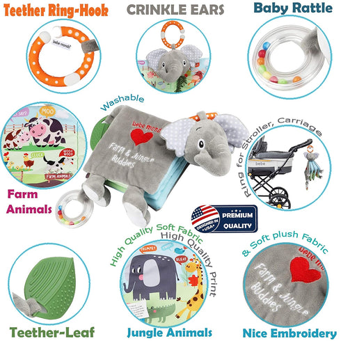 Touch and Feel Elephant Crinkle Book - Baby Toy with Rattle and Teether