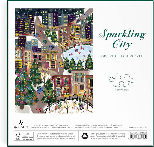Galison Sparkling City - 1000 Piece Foil Puzzle with Colorful Illustrations and Gold Foil Accents
