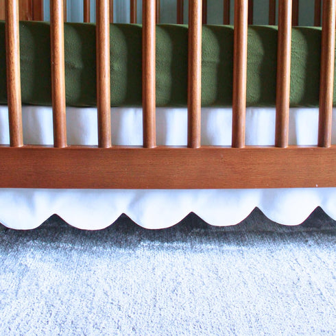 White Scalloped Crib Skirt Ruffle (Front/Two Sides) Adjustable Linen Cotton Blend, Neutral