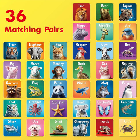 72 36 4 5 6 Hebayy PCS Memory Matching Game, Real Animal Matching Cards for Toddlers Pairs Memory Cards for Preschool