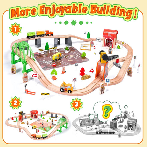Set 102-Piece 3-8, Playset Wooden Train for Toddlers Kids Ages Double-Sided Expandable Train Track with Puzzles