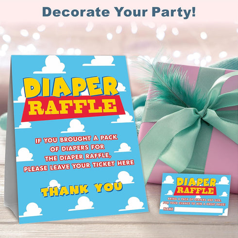 Diaper Raffle Game Kit for Baby Shower (1 Sign + 50 Tickets) - Blue Sky & Cloud Theme Party Supplies