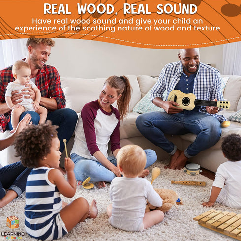 7-Piece Set 3+ Wooden Musical Instruments for Toddlers Kids Music with Xylophone, Guitar & Percussion | Natural Wood