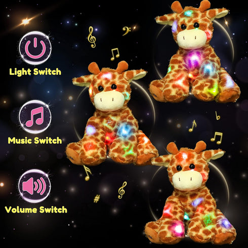 11'' Hopearl LED Musical Stuffed Giraffe Lighting Up Singing Plush Toy Adjustable Volume Lullaby Animated Soothe