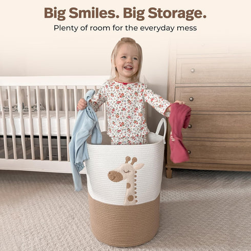 20"x15" Baby Laundry Basket & Nursery Hamper Large Giraffe Baby Hamper for Nursery Decor, Tall Woven Rope Dirty Clothes