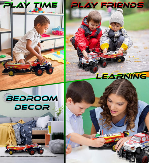 Mozlly Set 9 Inch Monster Truck Toys with Trailer Toy Boat - Friction Powered Hauling Truck and Trailer Toy, Big Toy