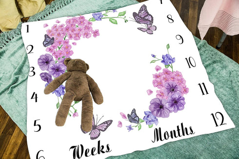 Baby Age Blanket, Purple Floral Butterfly Monthly Milestone Blanket, 48x40 Inch Baby Memory Blanket for Girls BTLSLY635