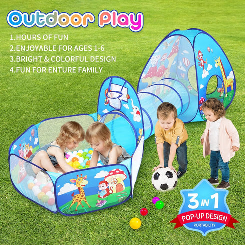 3 in 1 Kids Play Tent for Toddler with Baby Ball Pit, Play Tunnel, Indoor Outdoor Playhouse for Boys and Girls Gifts