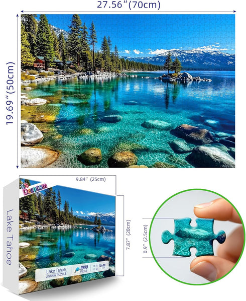 1000 Landscape Jigsaw Puzzle Pieces Lake Tahoe Scenery with Clear Turquoise Waters, Snow-Capped Mountains & Pine