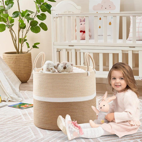 (18"x18"x16"),Woven KAKAMAY Large Blanket Basket Baby Laundry Hamper for Storage, Cotton Rope Blankets Baskets