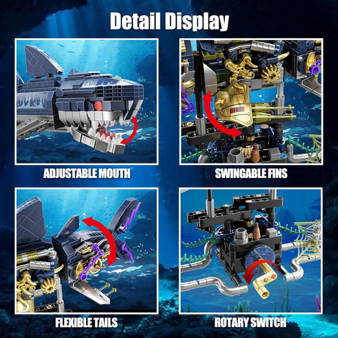 TYCOLE Set,with 8-14(699PCS) Mechanical Shark Building Rotatable Function and Display Stand,Sea Animal STEM Toy