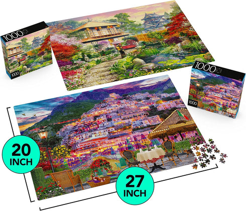 2-Pack of 1000-Piece Jigsaw Puzzles, Amalfi Coast & Japan Garden, Exclusive for Adults and Kids Ages 8+.