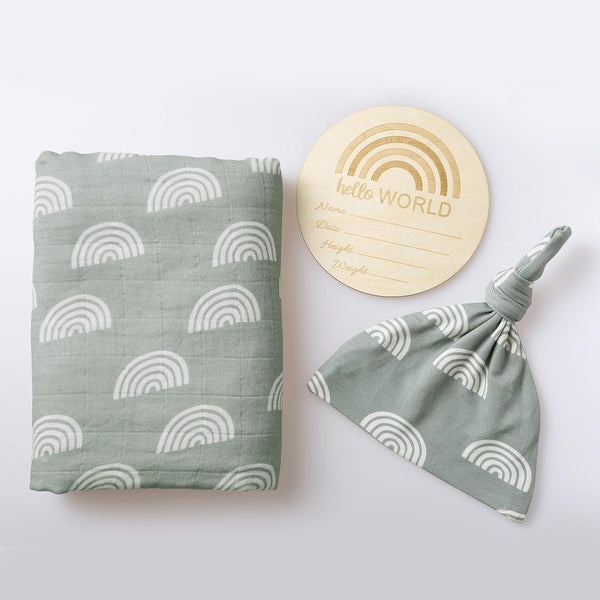 Miaoberry 100% Organic Cotton Muslin Blanket - Sage Green Rainbow Baby Swaddle Set for Newborns