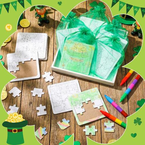 Fullhawl 24 Sets 24 24 Supplies(24, St. Patrick's Day Puzzles Color Your Own Puzzles DIY Jigsaw Crafts with Stackable