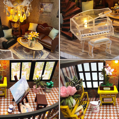 Spilay DIY Miniature Dollhouse Kit | 1:24 Scale Mini House with Wooden Furniture, Dust Proof Cover & Music Box