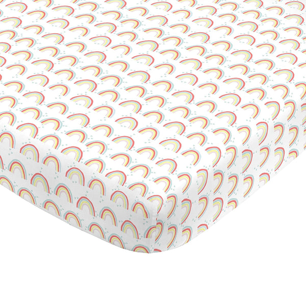 NoJo Super Soft Rainbow Nursery Crib Fitted Sheet - Yellow, Orange, Aqua, White