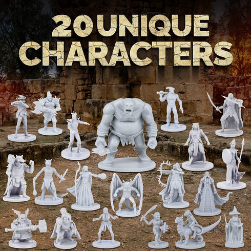 Path Gaming 20-Piece Unpainted Miniatures Set – 28 mm Fantasy Heroes, Monsters & NPCs for Dungeons & Dragons