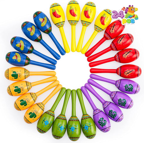JOYIN 24 Mini Wooden Fiesta Maracas, 6 Designs Noisemaker for Mexican Fiesta, Birthday Parties, Luau Party Favors