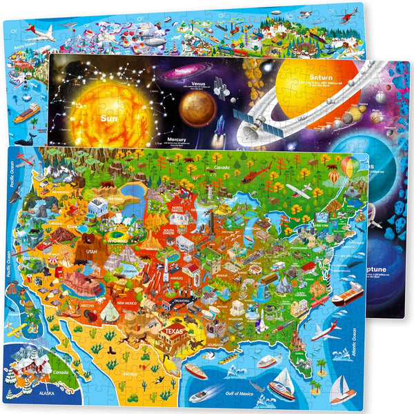 QUOKKA 300 Piece Floor Puzzles for Kids Ages 10-12, 3X Set Learning Space USA and World Maps